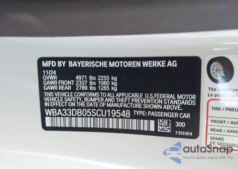 2025 BMW 4 Series 430I z USA, uszkodzony, nr VIN WBA33DB05SCU19548